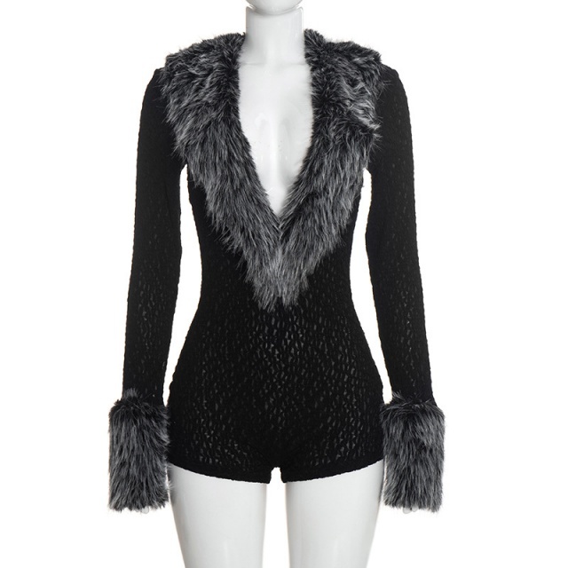 Deep-V Faux Fur Collar Slim Romper