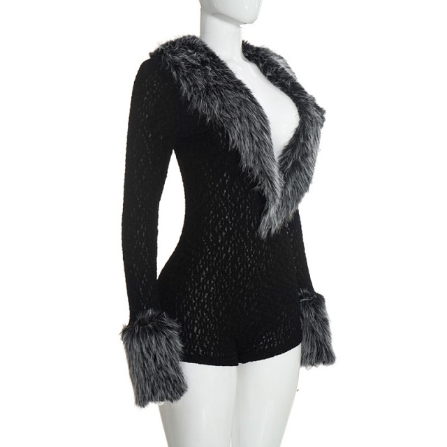 Deep-V Faux Fur Collar Slim Romper