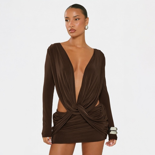 Deep V-neck Waist-baring Twist Mini Dress