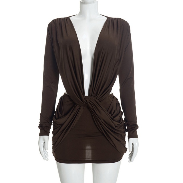 Deep V-neck Waist-baring Twist Mini Dress