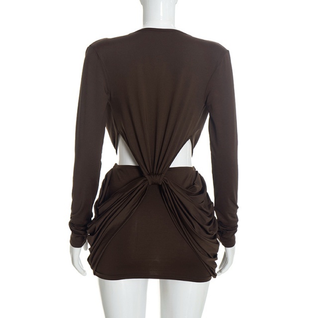 Deep V-neck Waist-baring Twist Mini Dress
