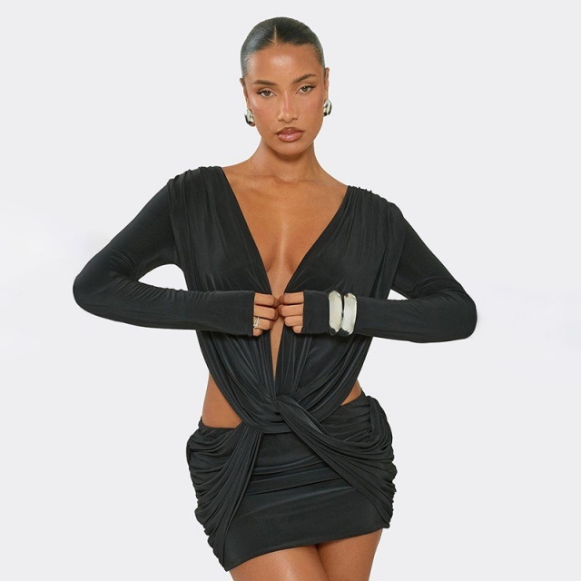 Deep V-neck Waist-baring Twist Mini Dress
