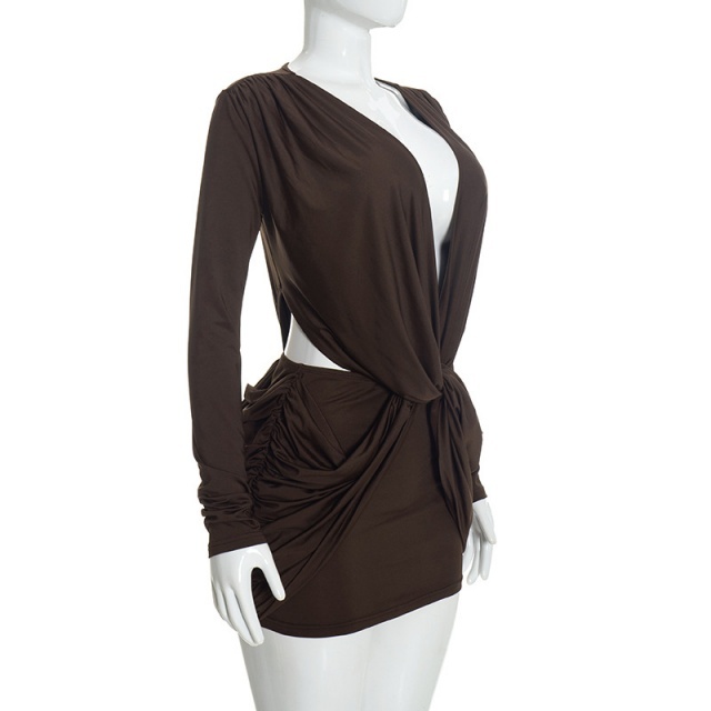 Deep V-neck Waist-baring Twist Mini Dress