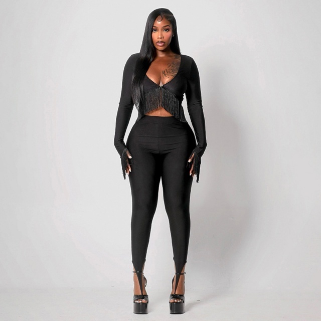 Fringed Crop Top Pull-on Slim-fit Pant Set