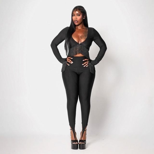 Fringed Crop Top Pull-on Slim-fit Pant Set