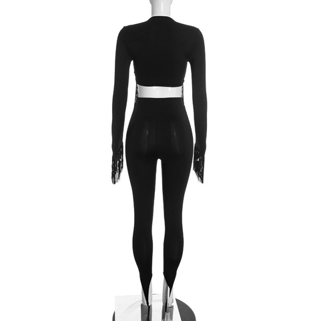Fringed Crop Top Pull-on Slim-fit Pant Set