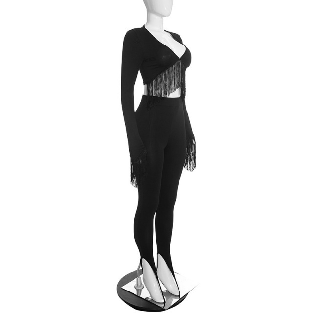 Fringed Crop Top Pull-on Slim-fit Pant Set