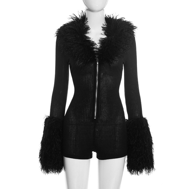Fuzzy V-neck Zipper up Slim Romper