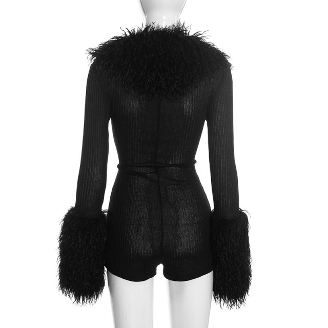 Fuzzy V-neck Zipper up Slim Romper