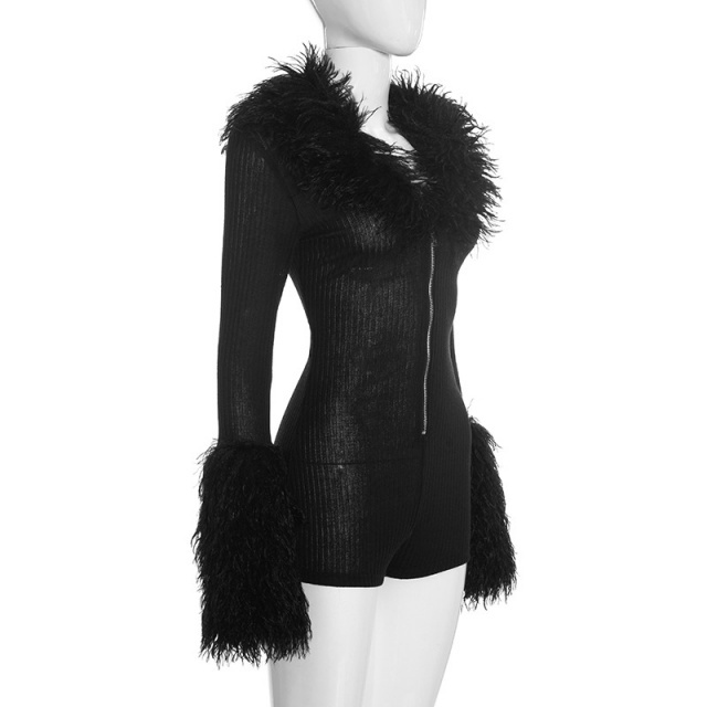 Fuzzy V-neck Zipper up Slim Romper