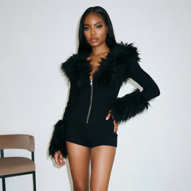 Fuzzy V-neck Zipper up Slim Romper