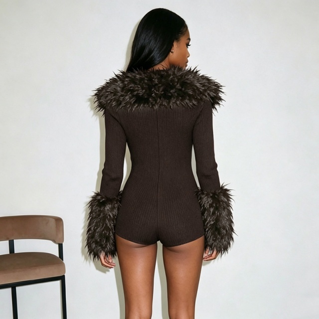 Fuzzy V-neck Zipper up Slim Romper