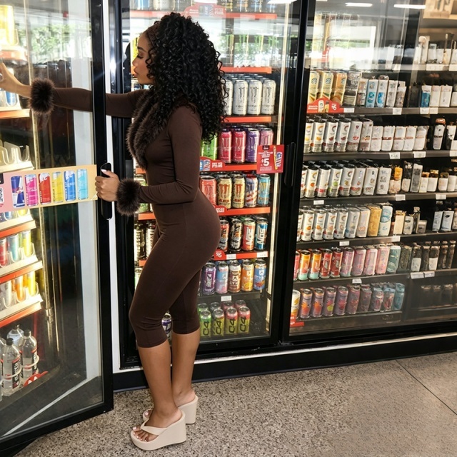 Fuzzy V Neck Long-sleeve Fitted Jumpsuit
