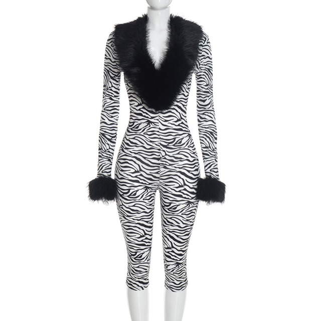Fuzzy V Neck Long-sleeve Fitted Jumpsuit