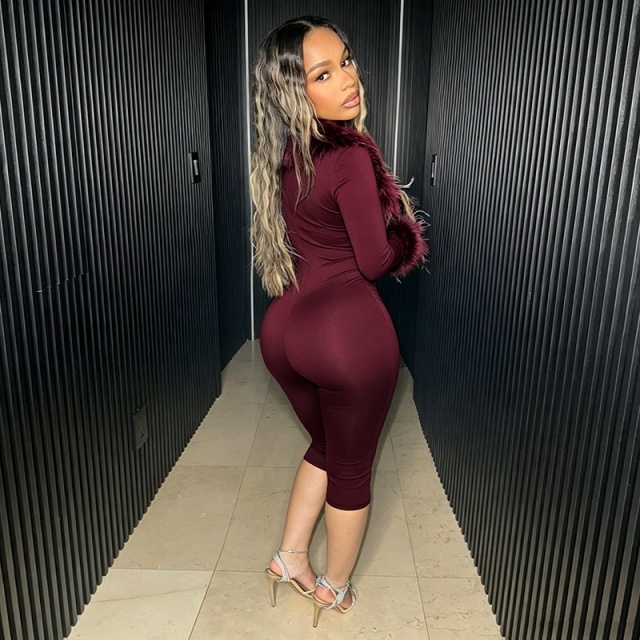 Fuzzy V Neck Long-sleeve Fitted Jumpsuit