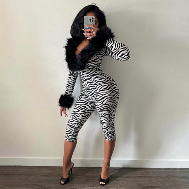Fuzzy V Neck Long-sleeve Fitted Jumpsuit