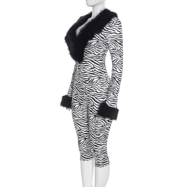 Fuzzy V Neck Long-sleeve Fitted Jumpsuit