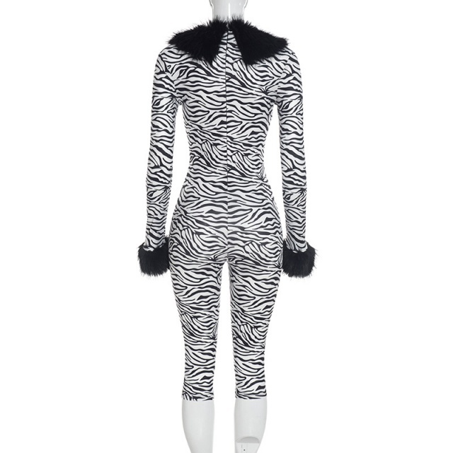Fuzzy V Neck Long-sleeve Fitted Jumpsuit
