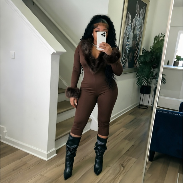 Fuzzy V Neck Long-sleeve Fitted Jumpsuit