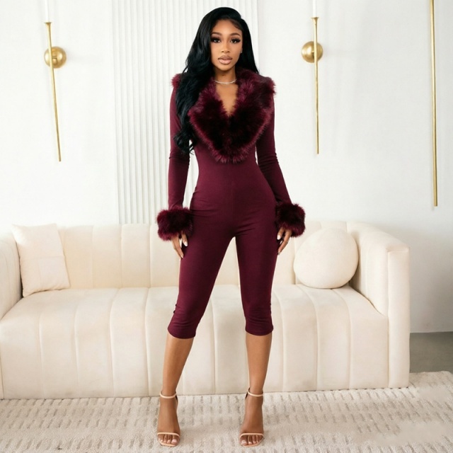 Fuzzy V Neck Long-sleeve Fitted Jumpsuit