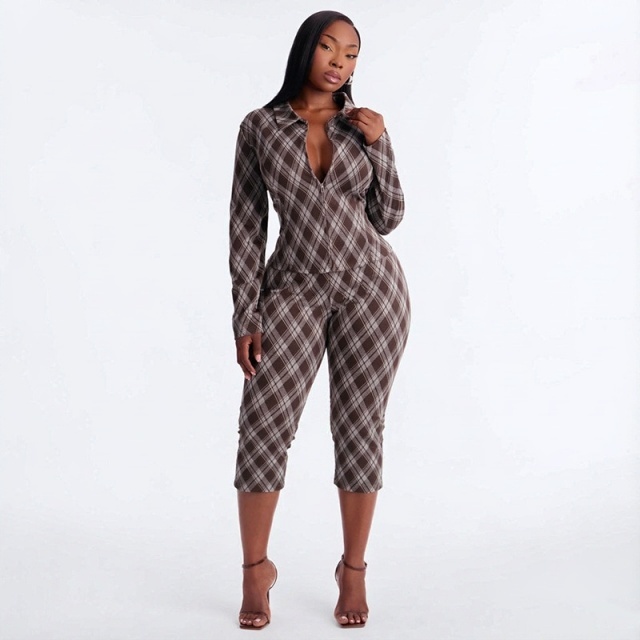 Plaid Printed Slim Fitted Midi Pant Set