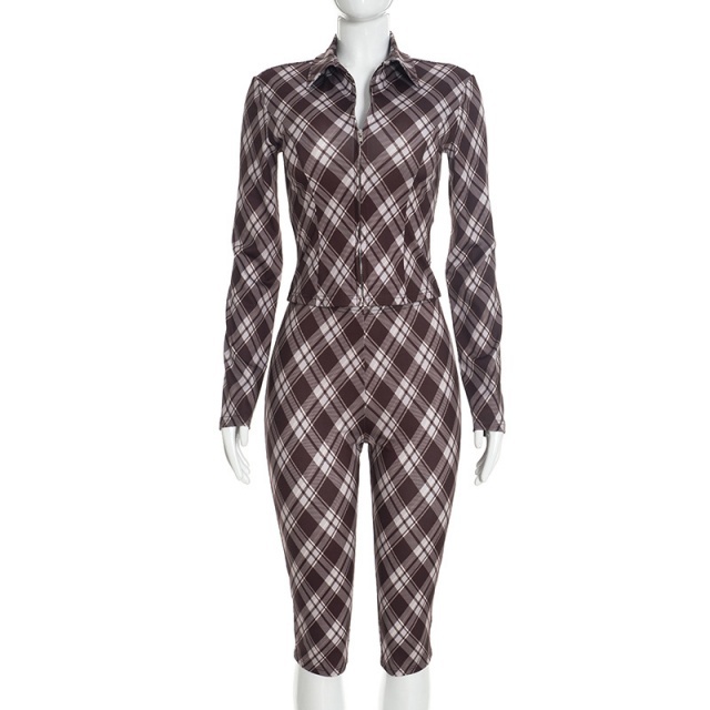 Plaid Printed Slim Fitted Midi Pant Set