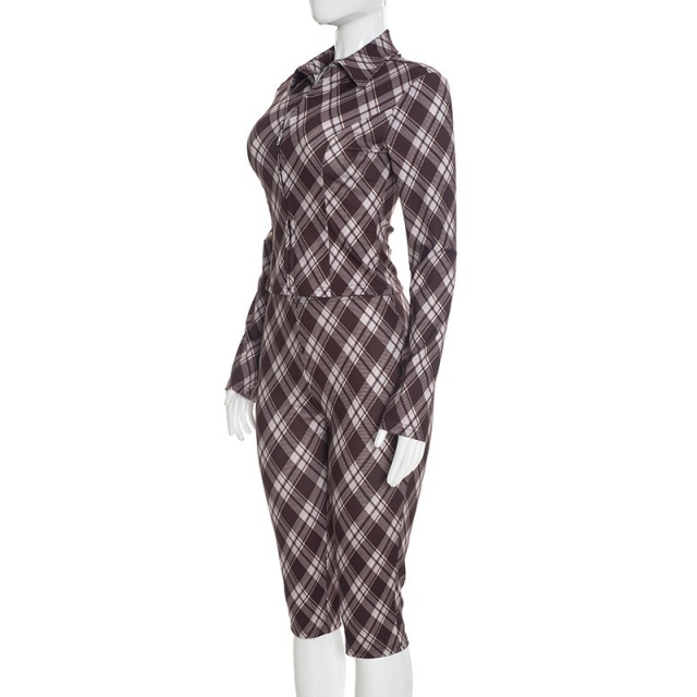 Plaid Printed Slim Fitted Midi Pant Set