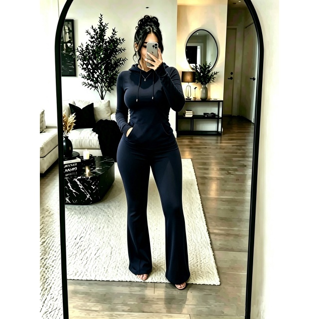 Solid Color Hooded Top Flare Pant Set
