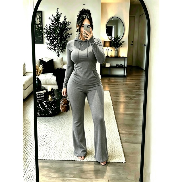 Solid Color Hooded Top Flare Pant Set