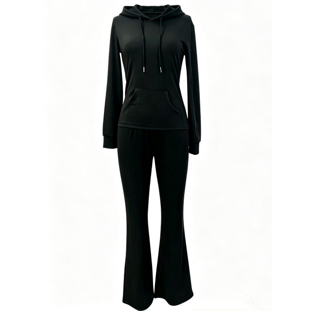 Solid Color Hooded Top Flare Pant Set