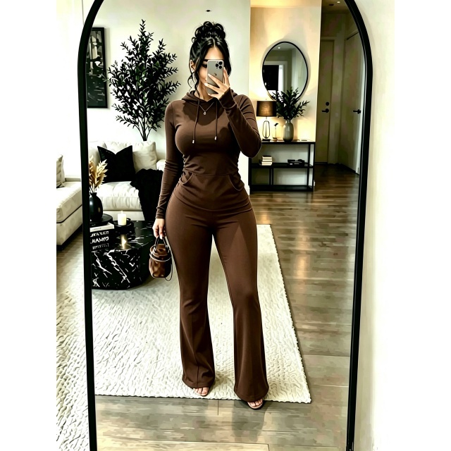 Solid Color Hooded Top Flare Pant Set