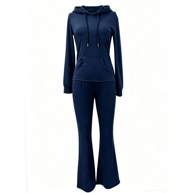 Solid Color Hooded Top Flare Pant Set