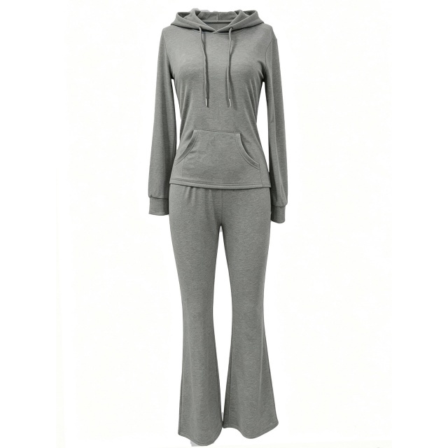 Solid Color Hooded Top Flare Pant Set