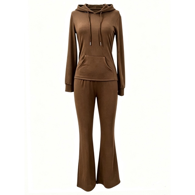 Solid Color Hooded Top Flare Pant Set