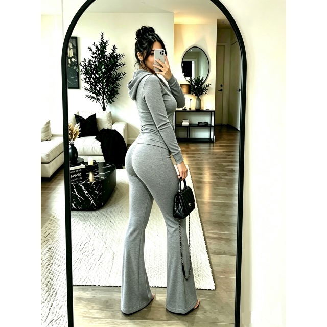 Solid Color Hooded Top Flare Pant Set