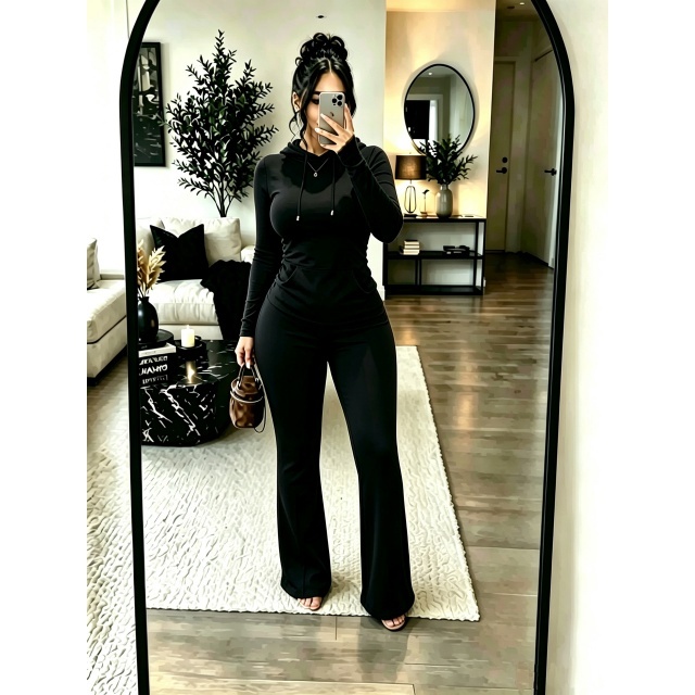 Solid Color Hooded Top Flare Pant Set