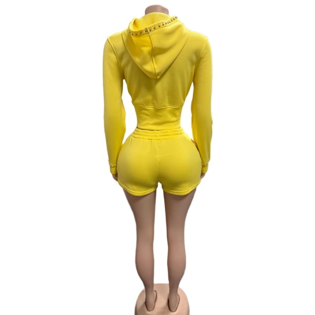 Riveted Cropped Zip-up Hoodie Shorts Set