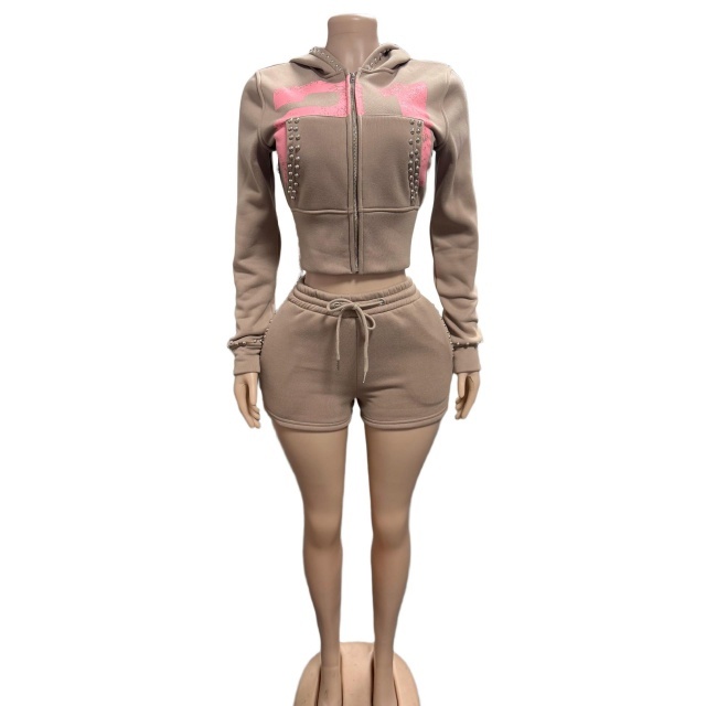 Riveted Cropped Zip-up Hoodie Shorts Set