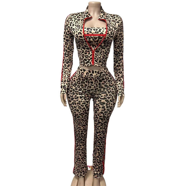 Leopard Print Fall 3 Piece Tracksuit Set