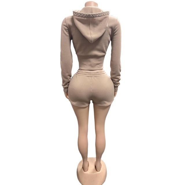 Riveted Cropped Zip-up Hoodie Shorts Set