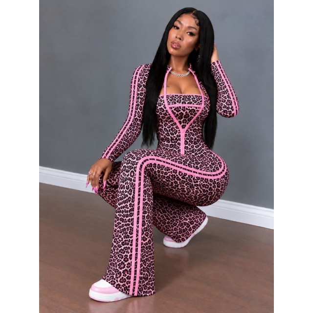Leopard Print Fall 3 Piece Tracksuit Set