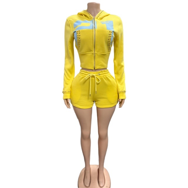 Riveted Cropped Zip-up Hoodie Shorts Set