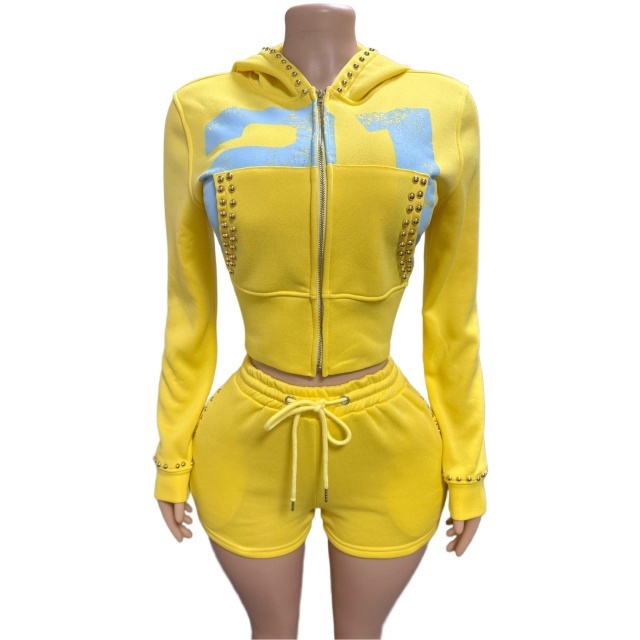 Riveted Cropped Zip-up Hoodie Shorts Set