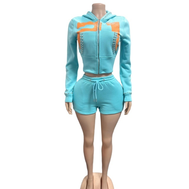 Riveted Cropped Zip-up Hoodie Shorts Set