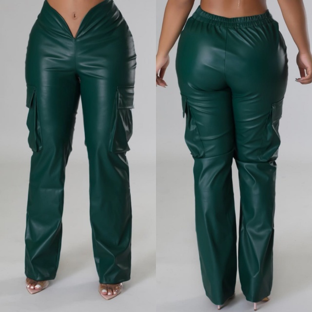 Deep V Elastic Waist PU Leather Trousers