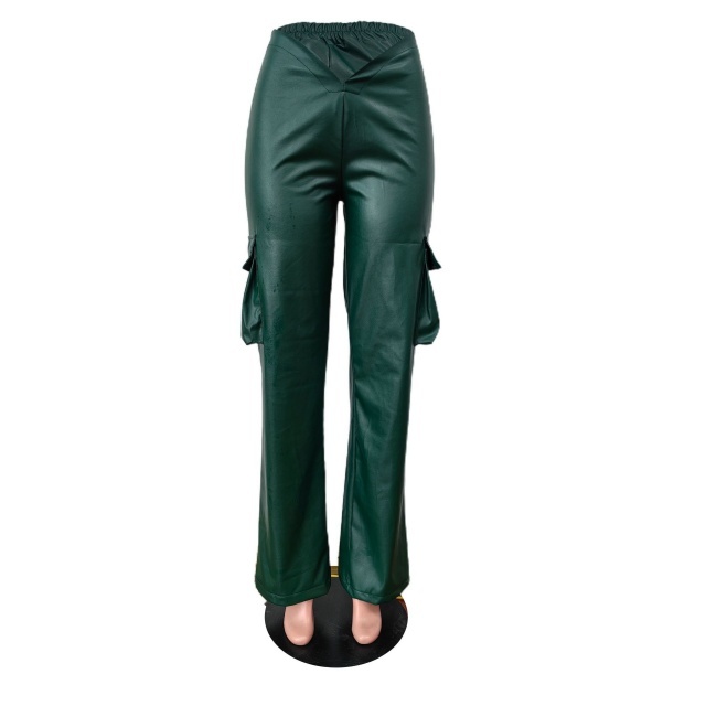 Deep V Elastic Waist PU Leather Trousers