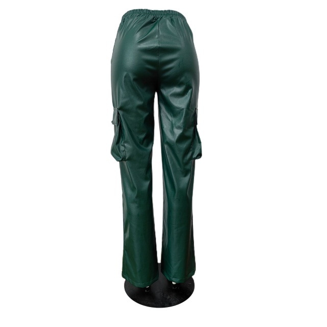 Deep V Elastic Waist PU Leather Trousers