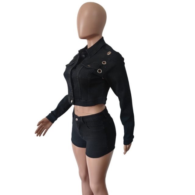 Eyelet Jacket Top Denim Short Set