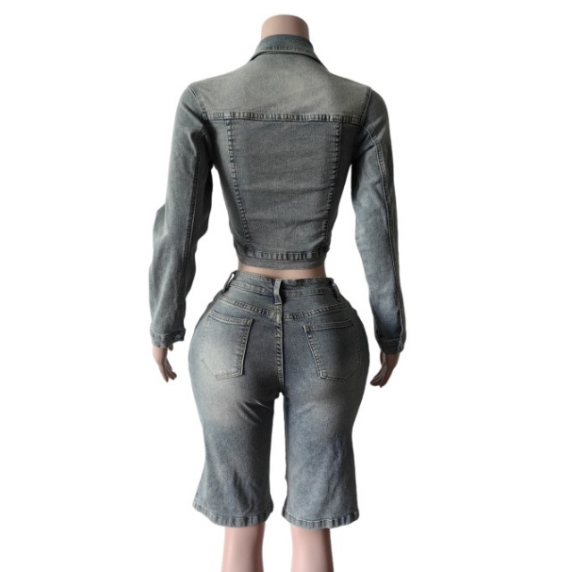 Floral Embroidery Denim Jacket Knee Pant Set
