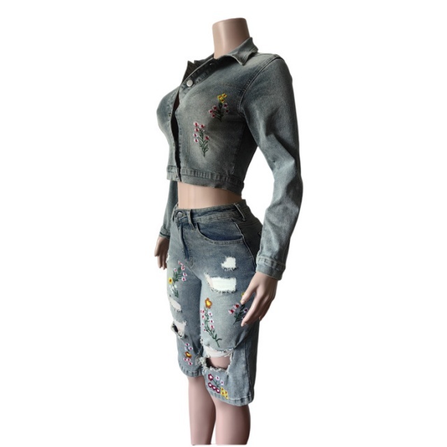 Floral Embroidery Denim Jacket Knee Pant Set